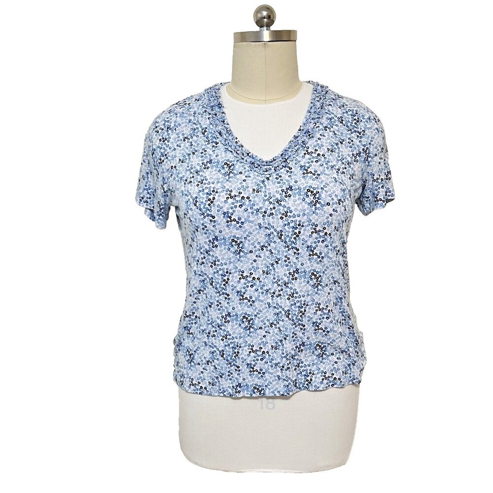 Liz Claiborne - Blue and White Floral Ruffled V Neck Stretch Tee Shirt 1X
